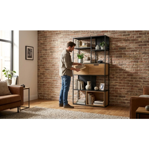 REGAŁ NA KSIĄŻKI METALOWE DREWNO LITE DĄB JESION OLCHA RNK-104